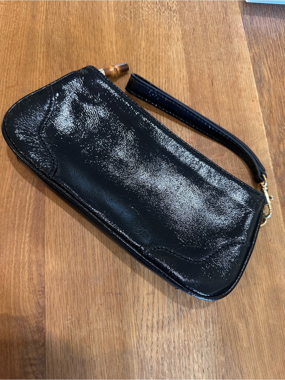 Vintage Talbots Black Patent Leather Wristlet Clutch with Bamboo Accent